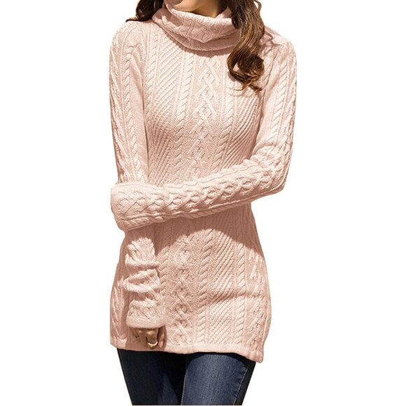 Dresses & Skirts - Women's Polo Neck Long Fitted Dress Bodycon Turtleneck Cable Knit Sweater Pink